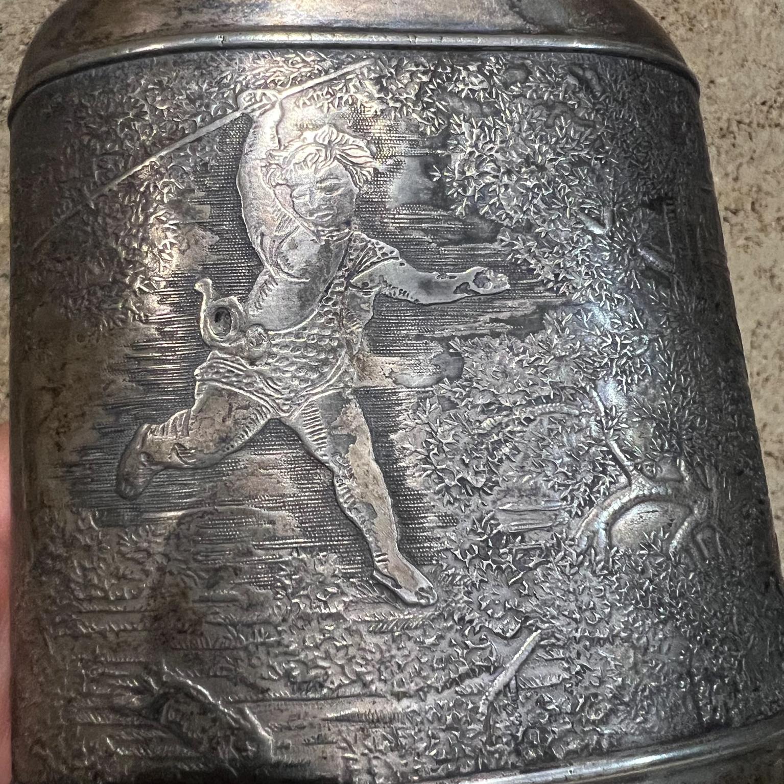 20th Century Old English Silver Liquor Flask & Cup Figural Relief Hunting Castle