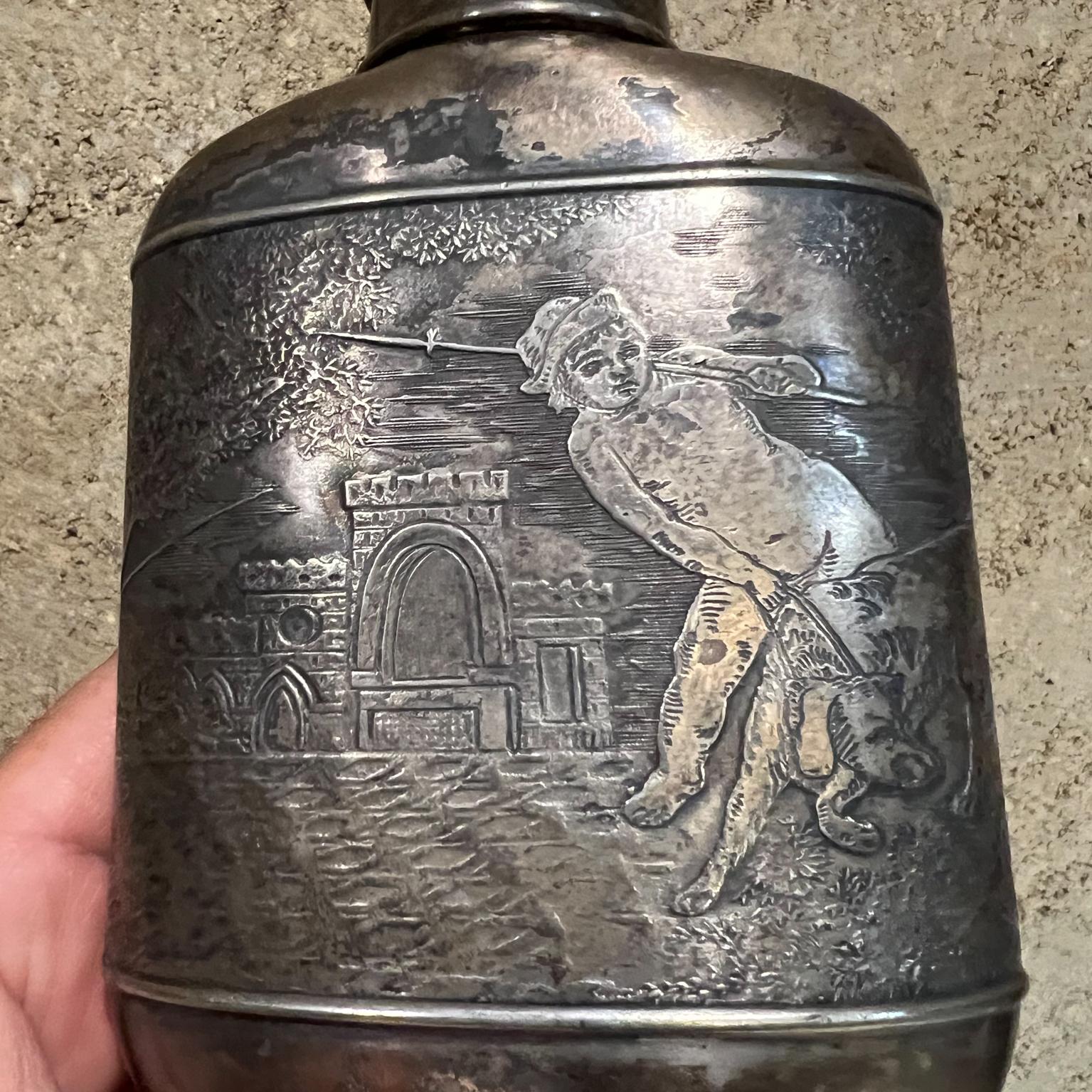 Metal Old English Silver Liquor Flask & Cup Figural Relief Hunting Castle