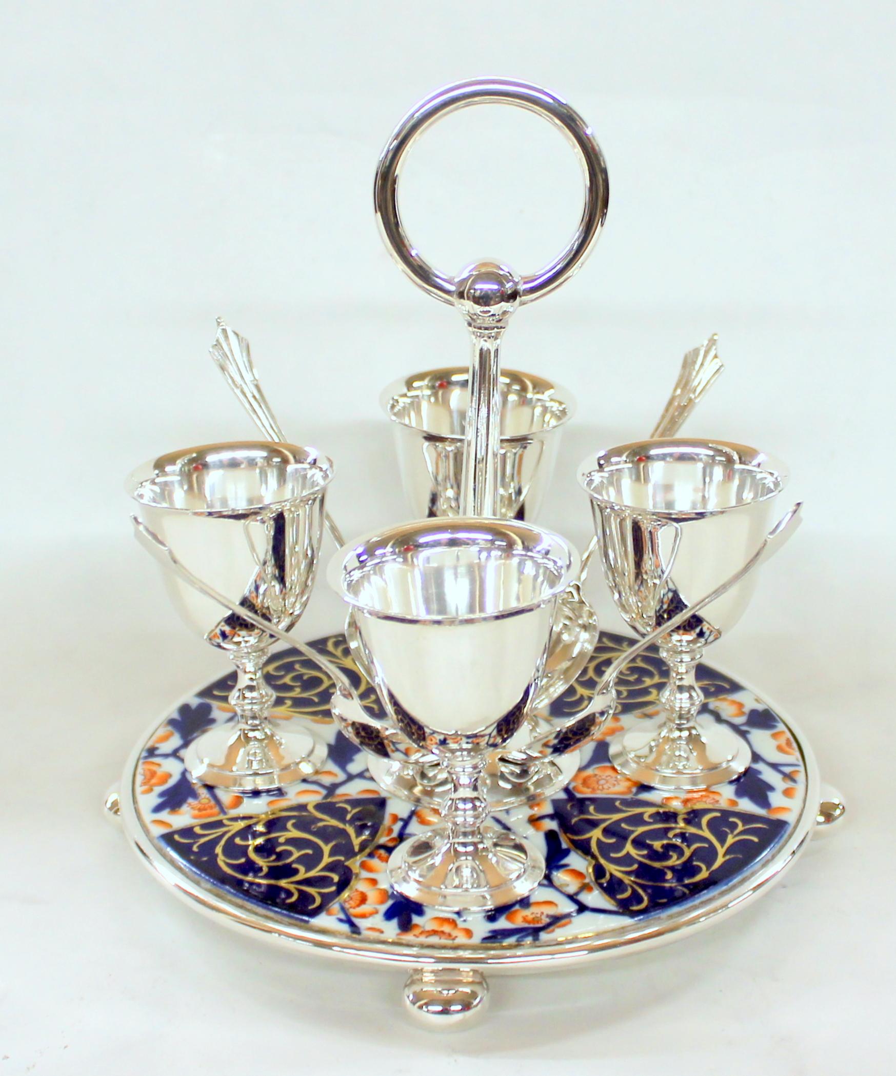 Hand-Painted Old English Silver-Plate 4-Cup Egg Cruet with Spoons on Imari Porcelain Base