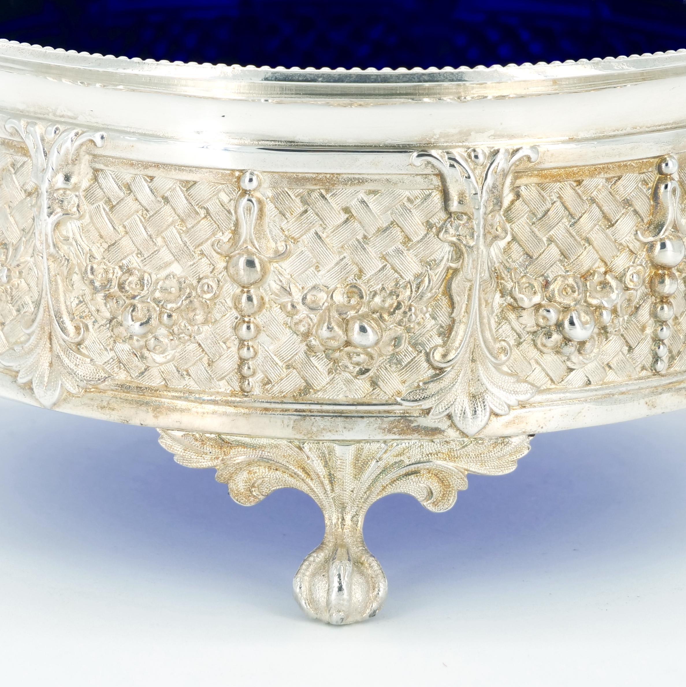 Late 19th Century Old English Silver Plate / Cobalt Glass Interior Serving Comport Disk For Sale