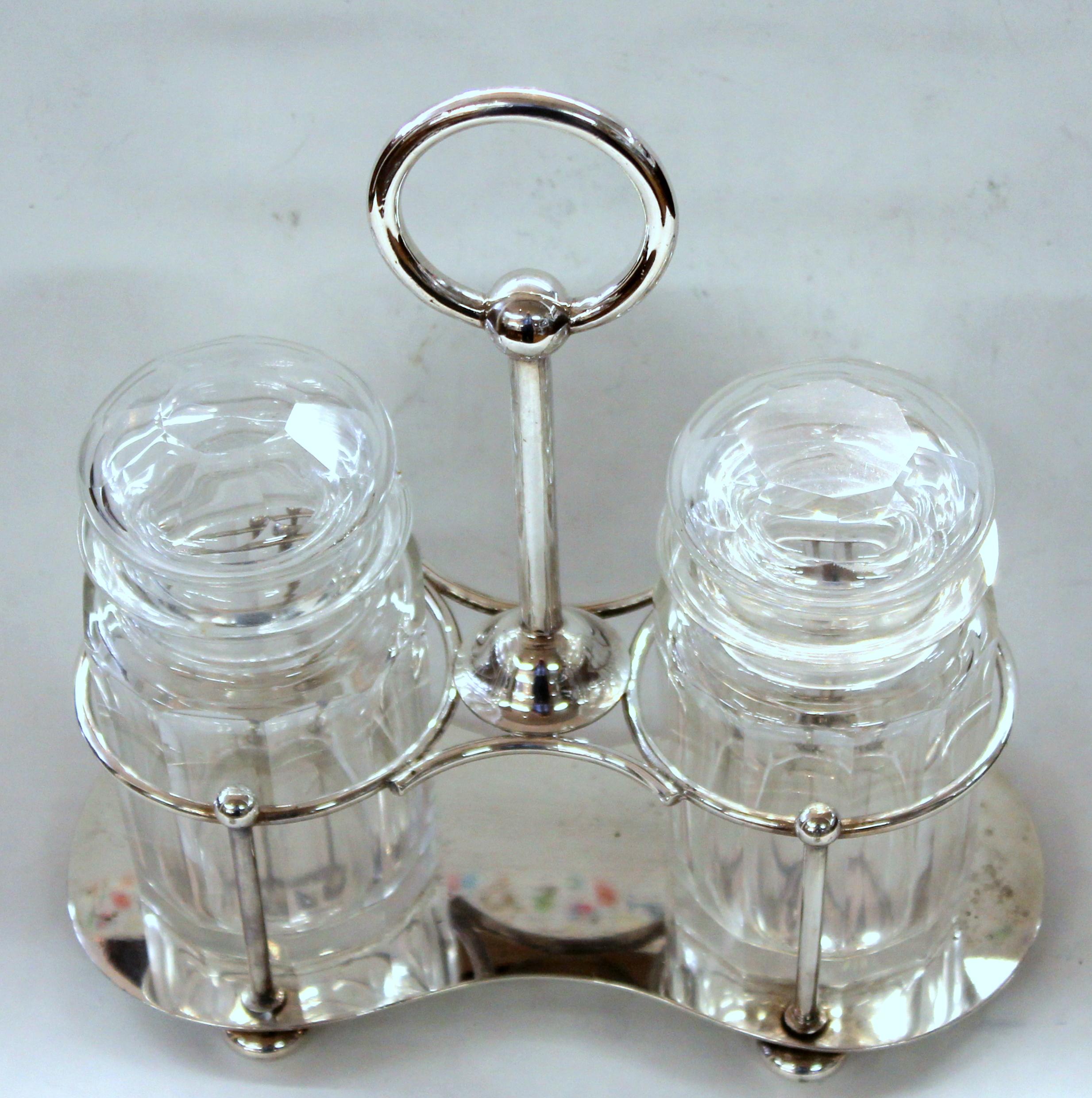 Old English Silver Plate Cut Crystal Double Jar Pickle Set, Elkington & Co. For Sale 5