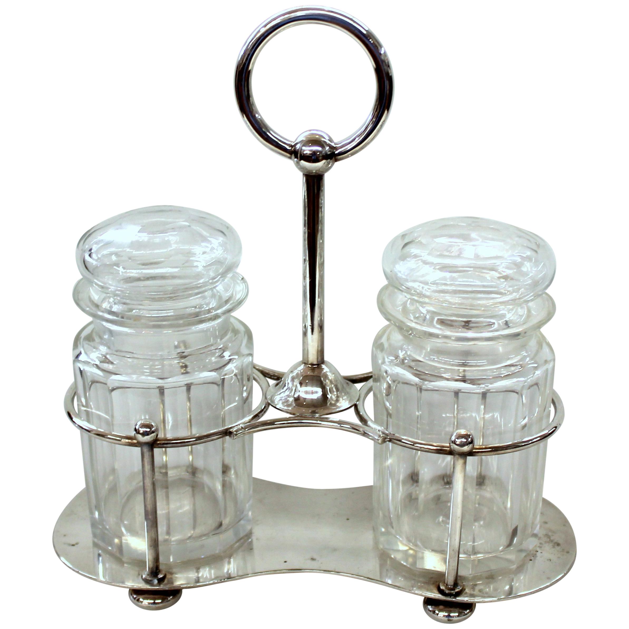 Old English Silver Plate Cut Crystal Double Jar Pickle Set, Elkington & Co. For Sale