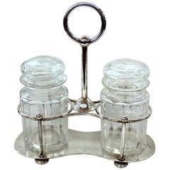 Old English Silver Plate Cut Crystal Double Jar Pickle Set, Elkington & Co.