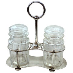 Antique Old English Silver Plate Cut Crystal Double Jar Pickle Set, Elkington & Co.