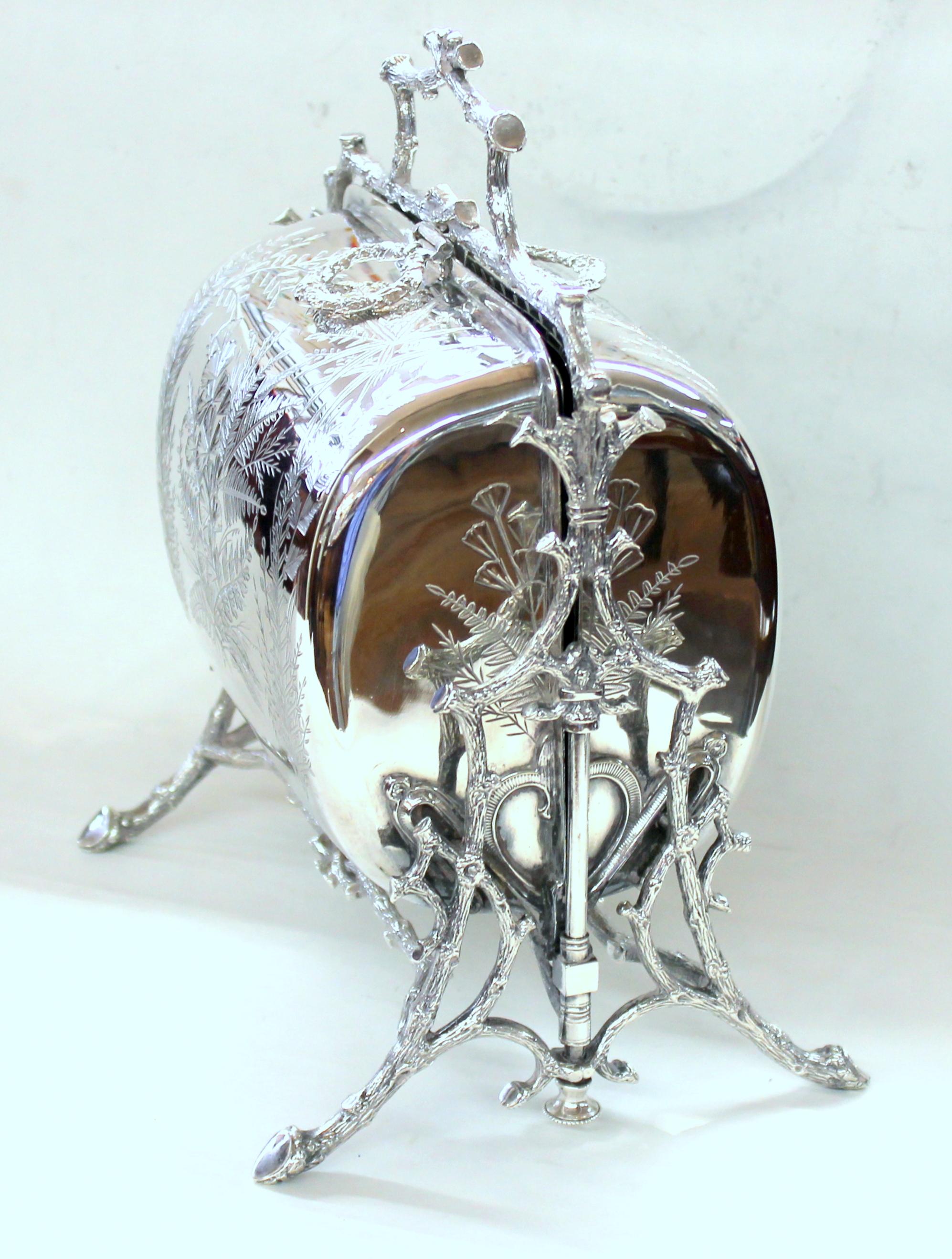 Aesthetic Movement Old English Silver Plate Hand Engraved Double-Folding Biscuit Box, Fenton Bros