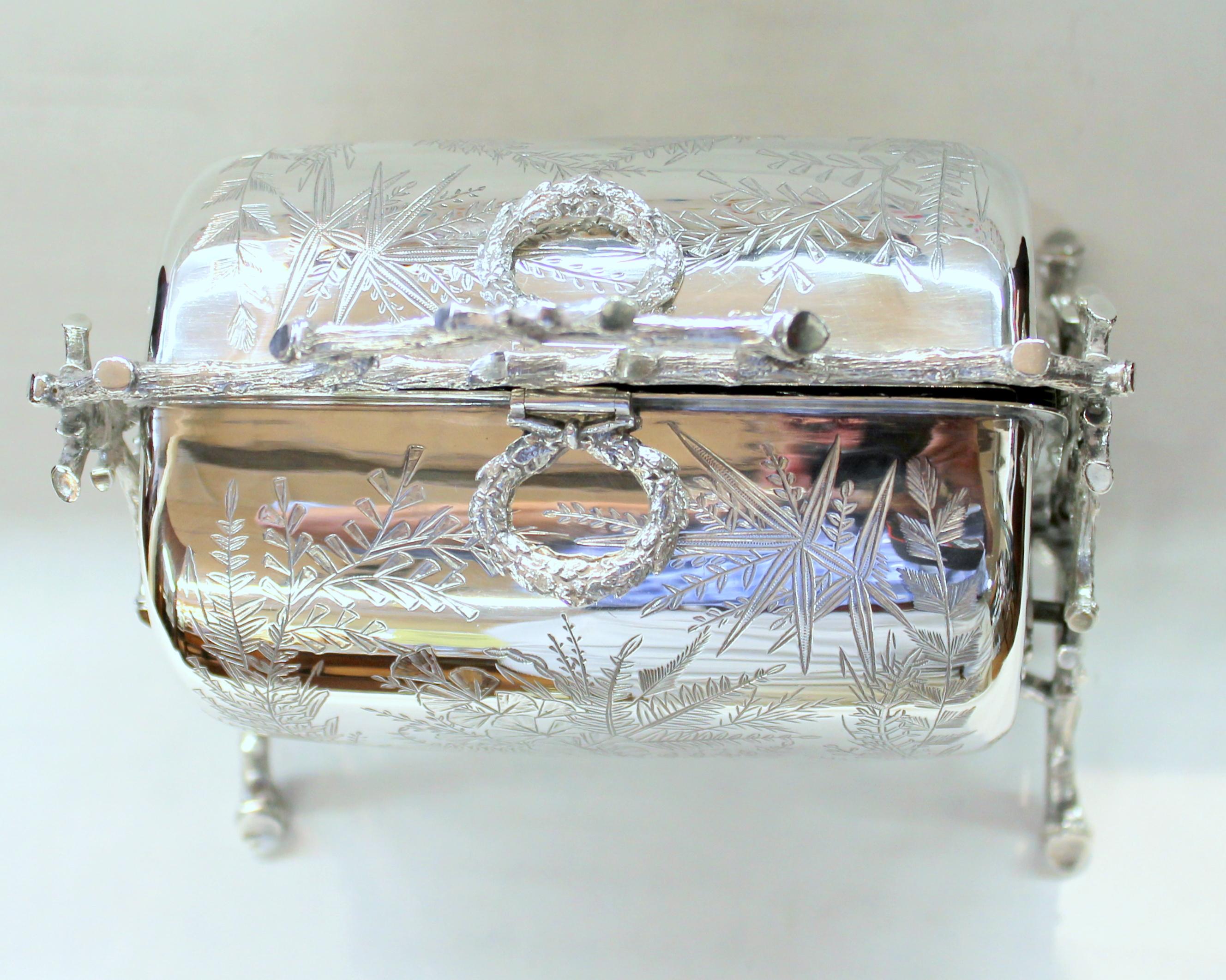Old English Silver Plate Hand Engraved Double-Folding Biscuit Box, Fenton Bros In Good Condition In Charleston, SC
