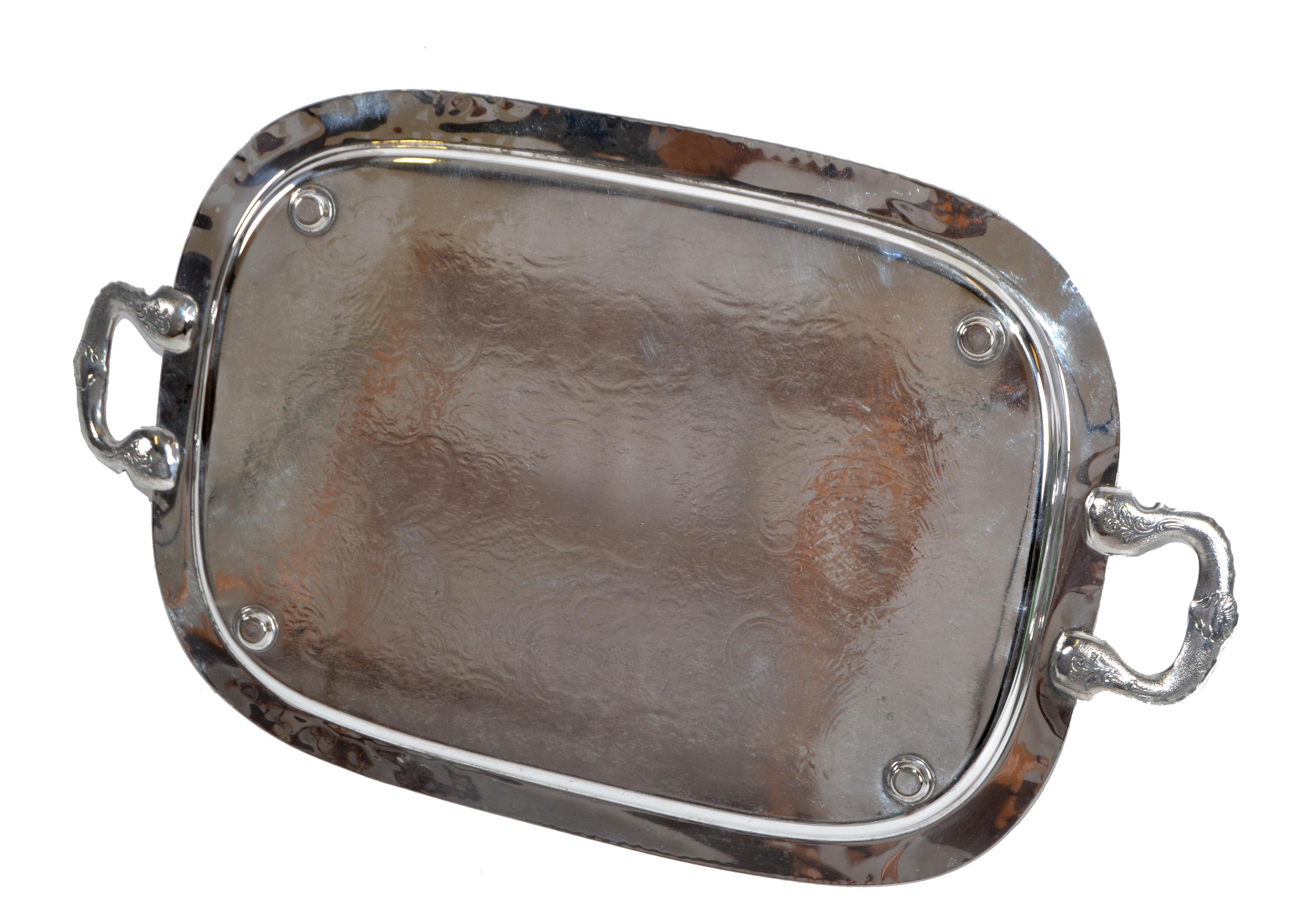 Old English Silver Plate Ornate Rectangular Footed Serving Tray with Handles.  For Sale 2