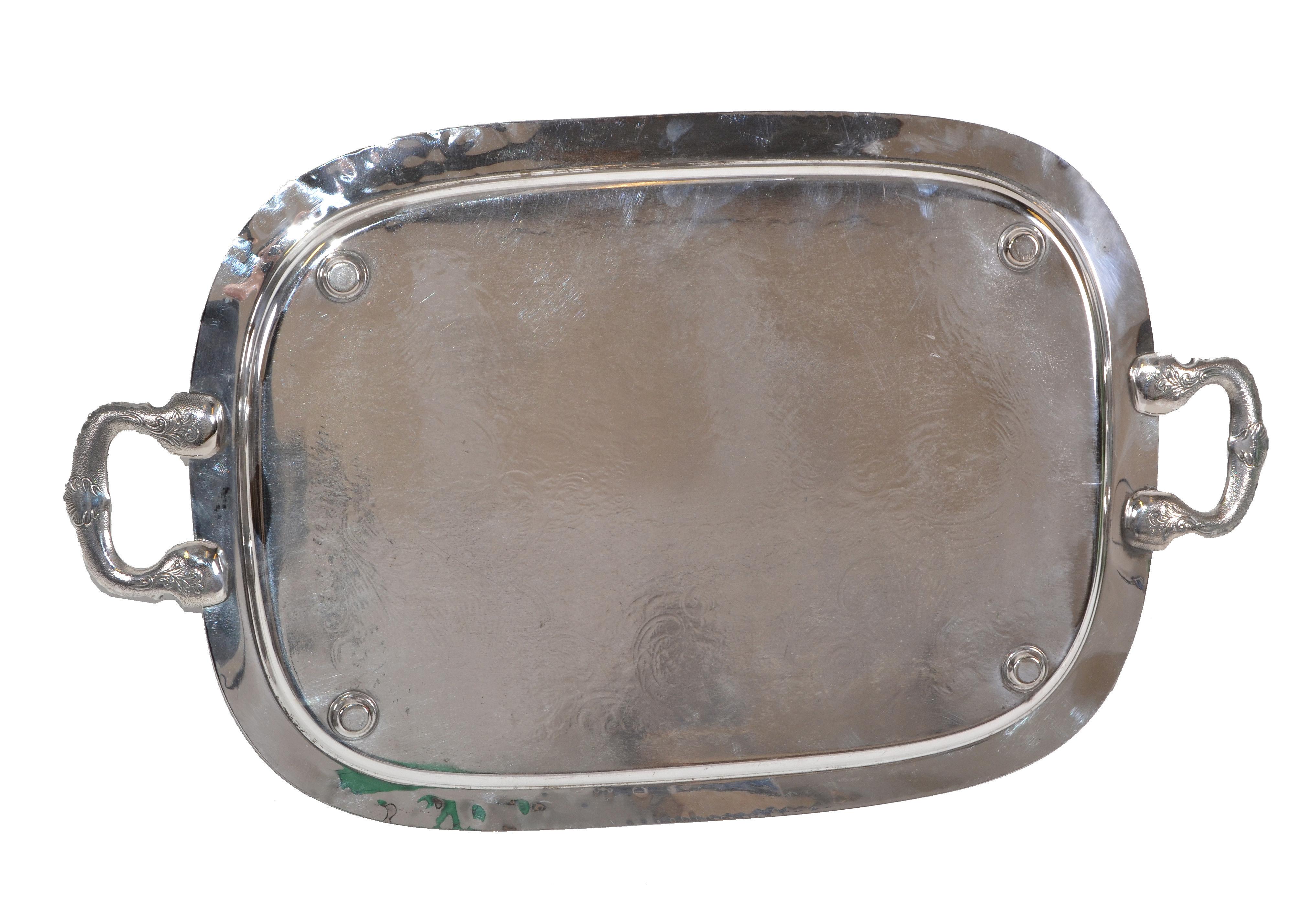 Old English Silver Plate Ornate Rectangular Footed Serving Tray with Handles.  For Sale 3