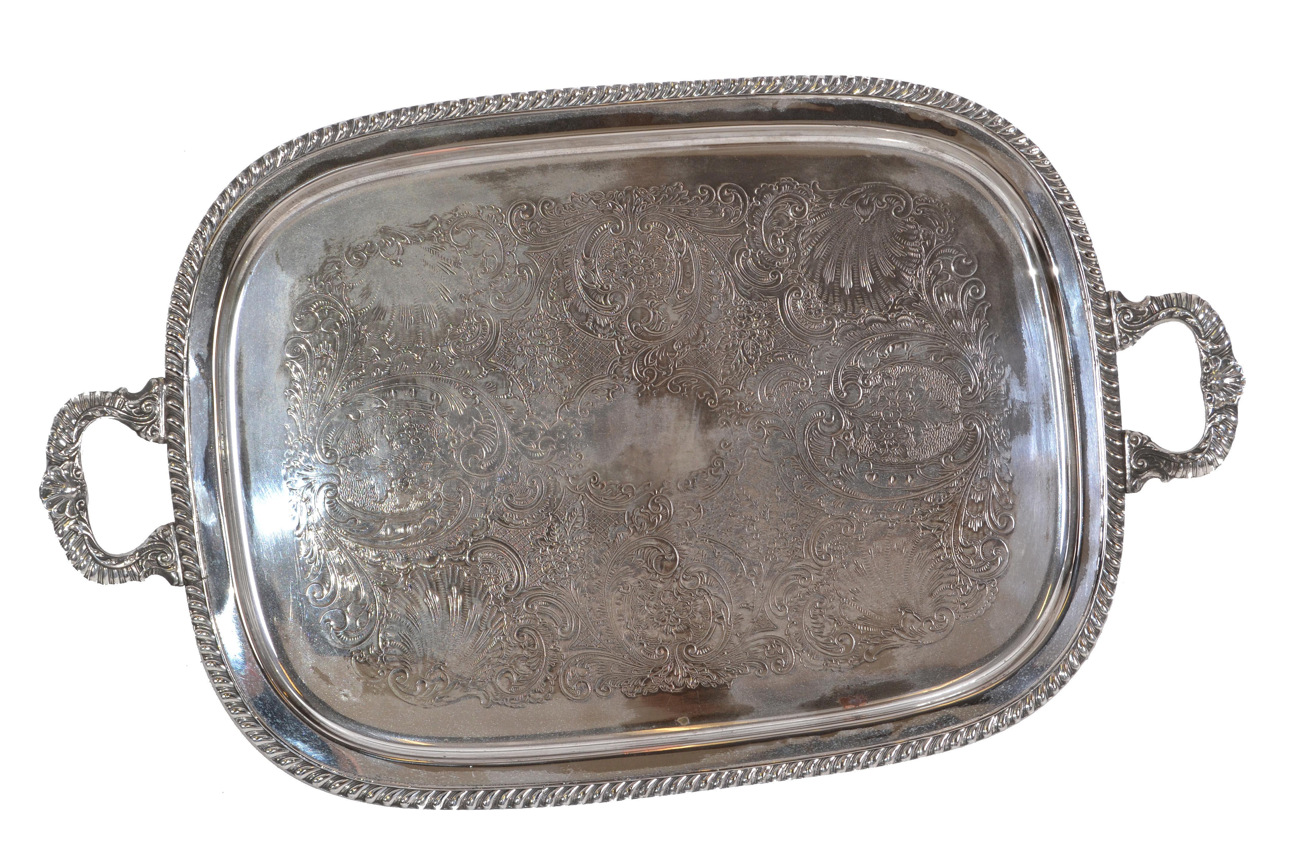 Old English Silver Plate Ornate Rectangular Footed Serving Tray with Handles.  For Sale 4