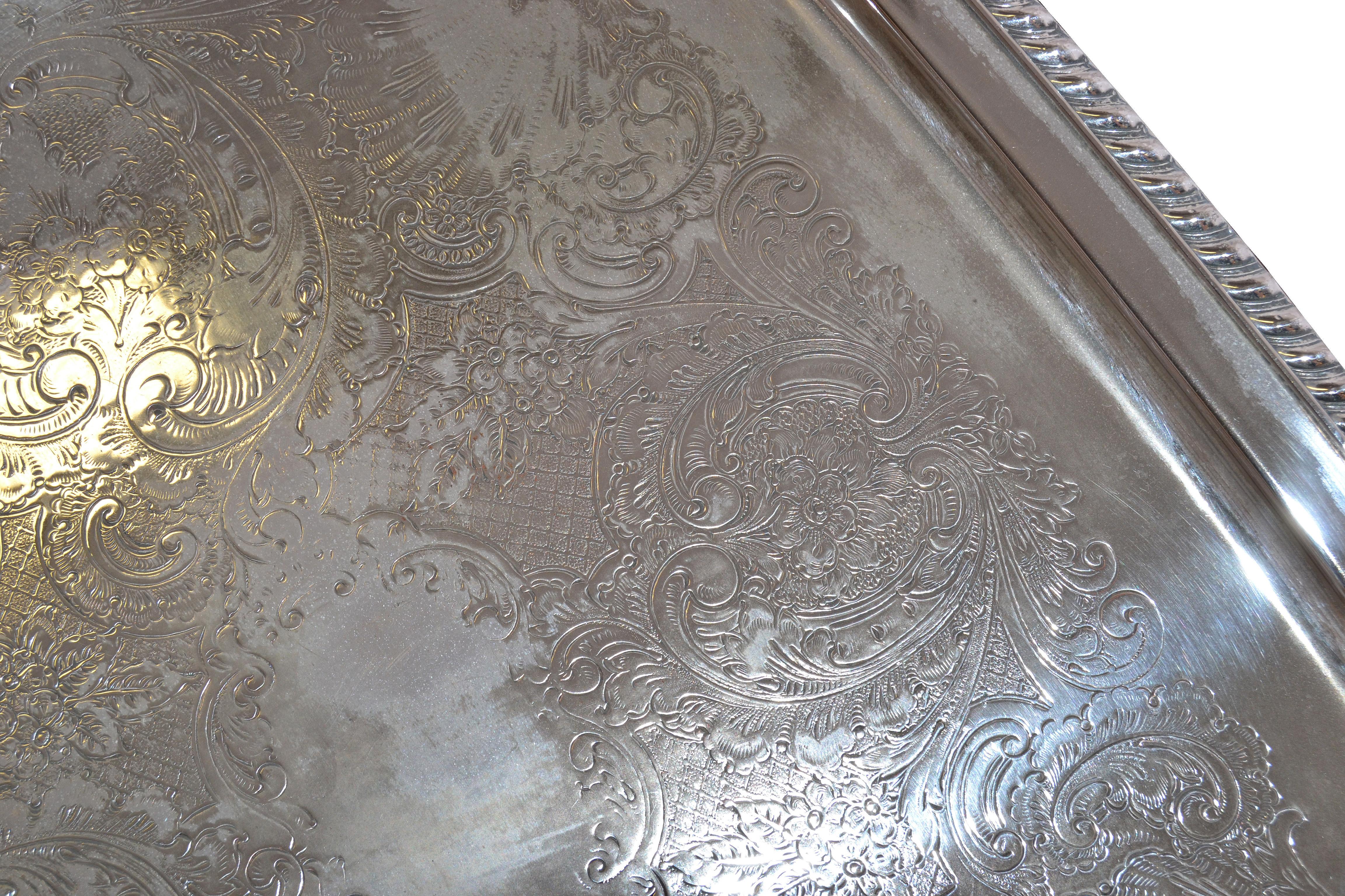 Mid-20th Century Old English Silver Plate Ornate Rectangular Footed Serving Tray with Handles.  For Sale