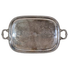 Old English Silver Plate Ornate Rectangular Footed Serving Tray with Handles.