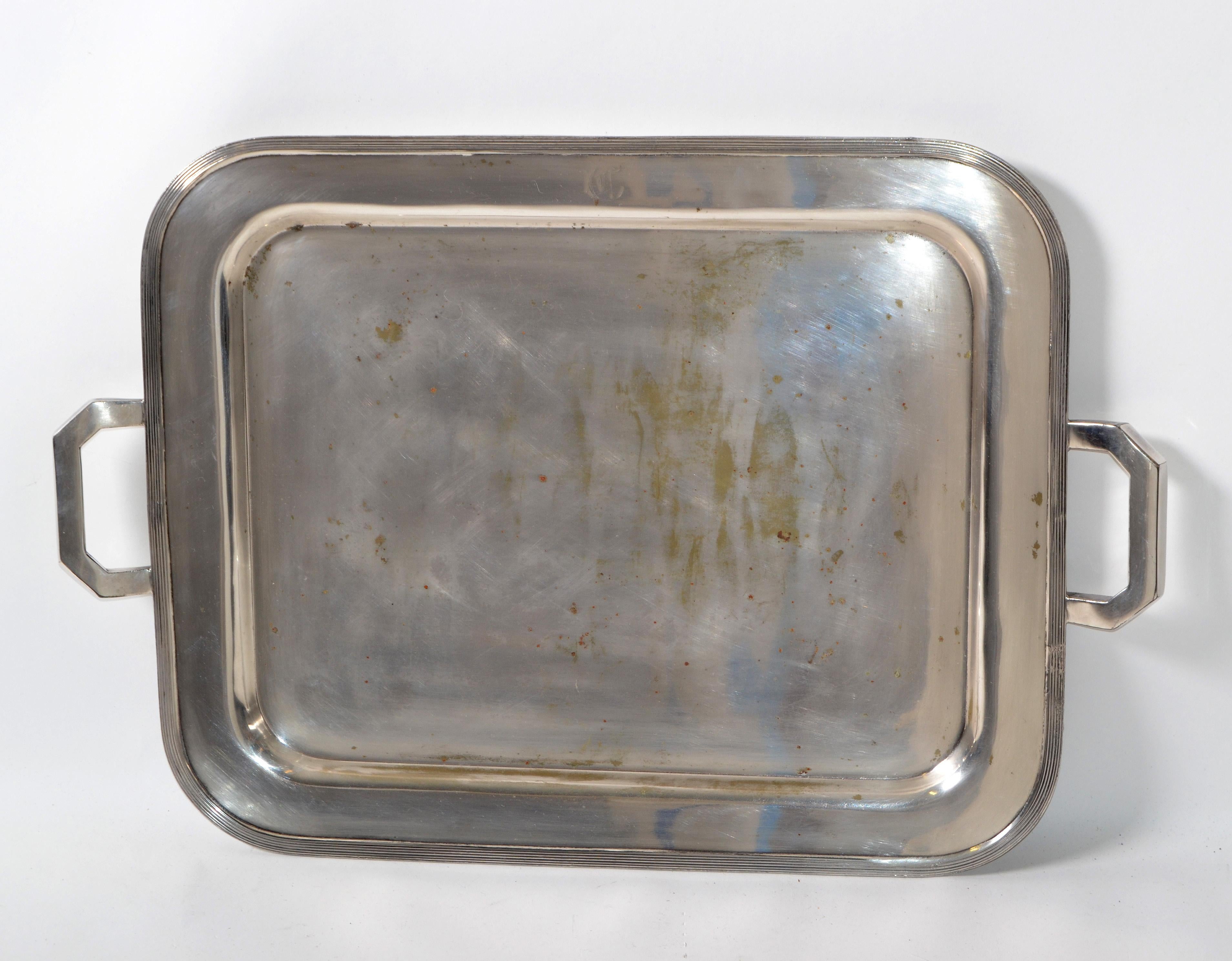 Old English Silver Plate over Nickel Ornate Rectangular Serving Tray Handles (Mitte des 20. Jahrhunderts) im Angebot