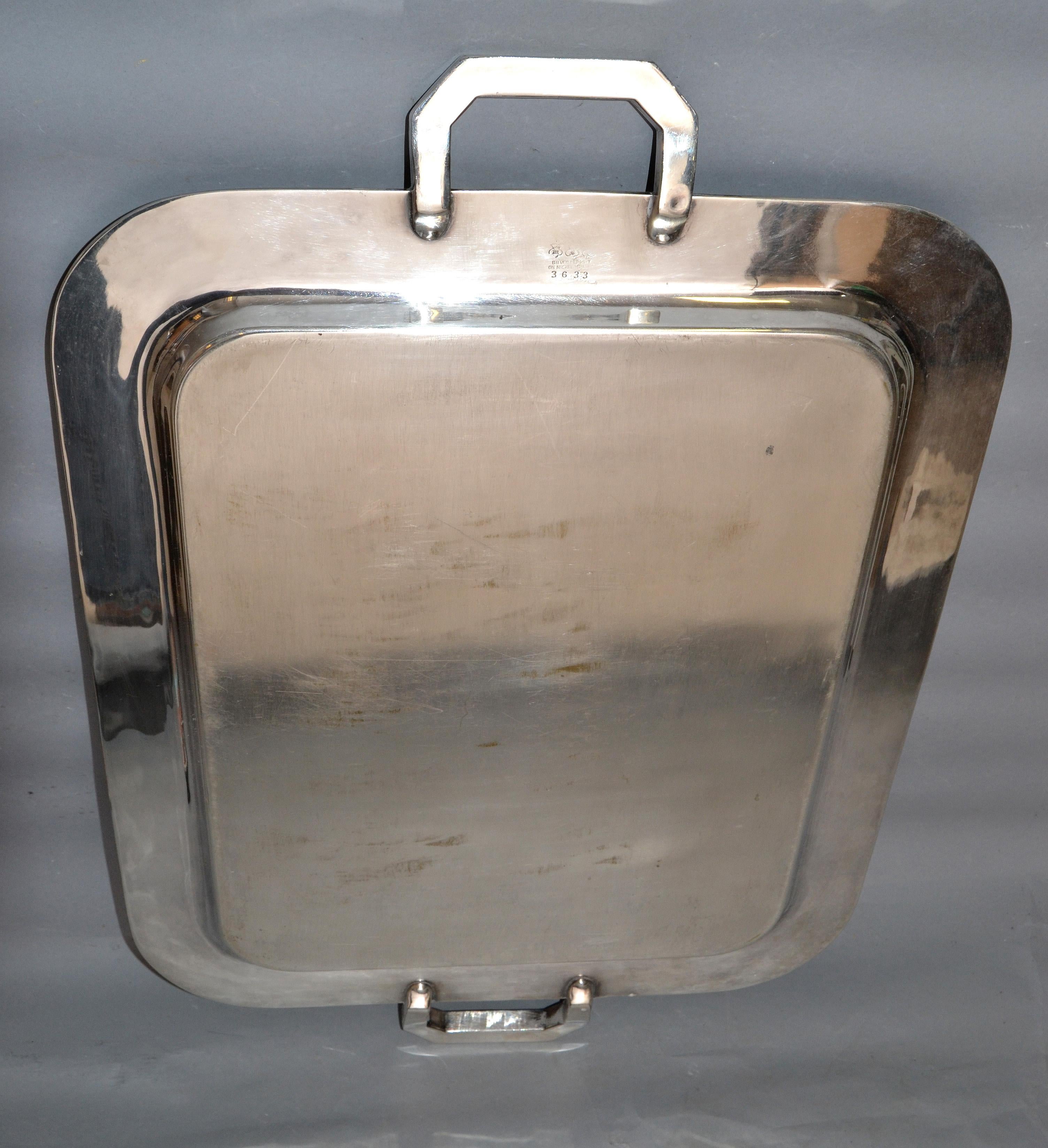 Mid-20th Century Old English Silver Plate over Nickel Ornate Rectangular Serving Tray Handles For Sale