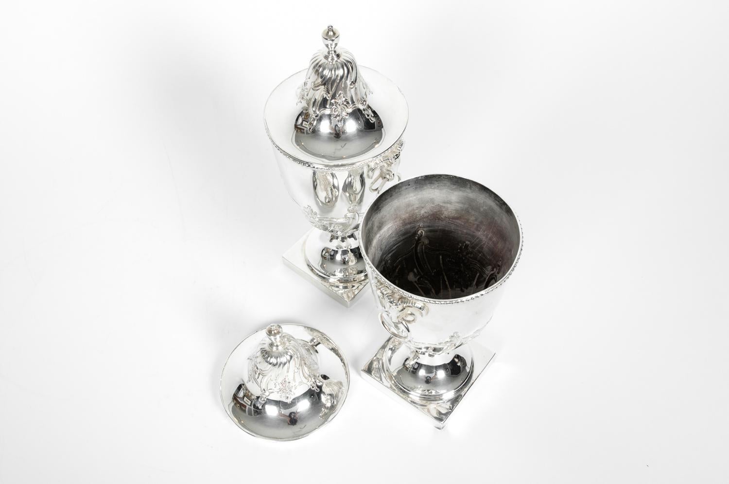 Late 19th Century Old English Silver Plate Pair of Covered Urn