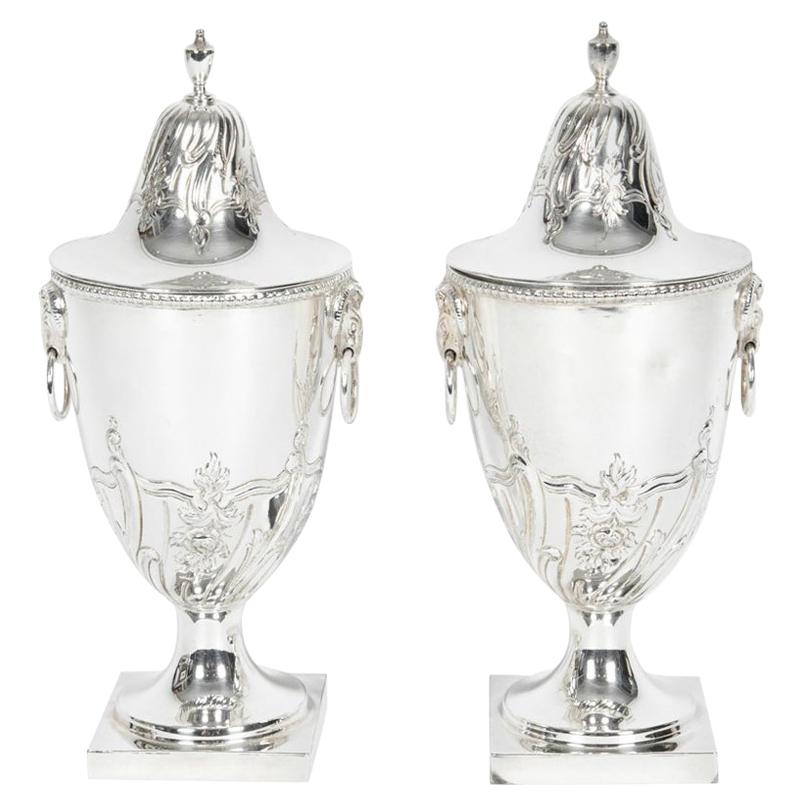 Old English Silver Plate Pair of Covered Urn
