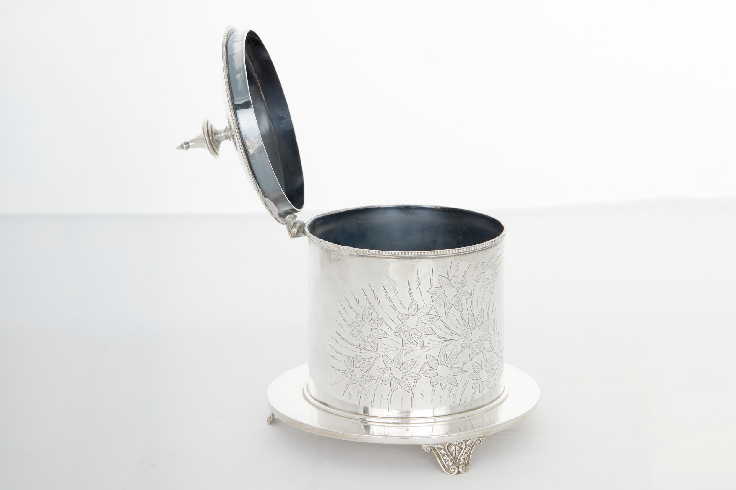 Plaqué argent Ancienne boîte à thé/boîte à biscuit anglaise en métal argenté en vente