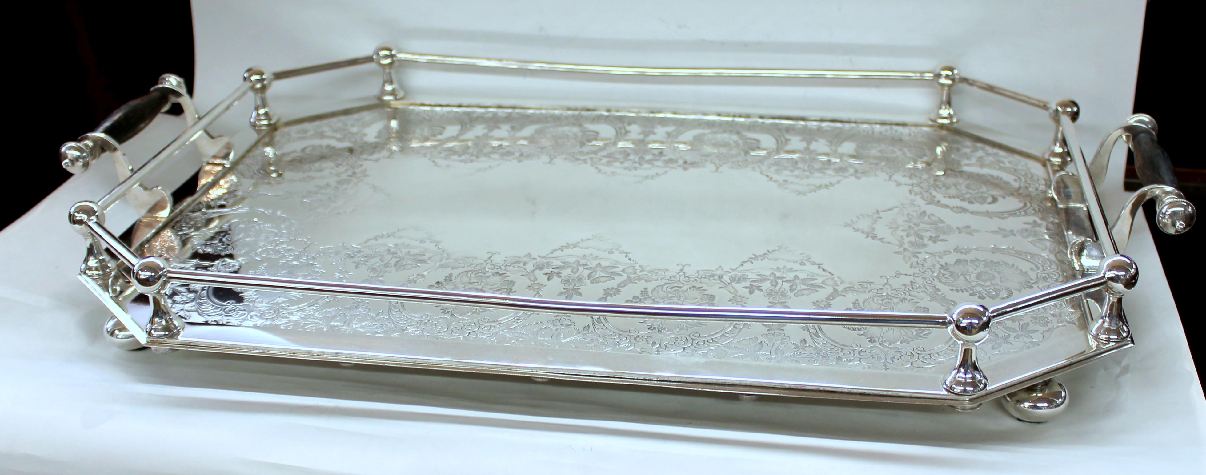 19th Century Old English Silverplate Chased Rail Style Gallery Tray, Hammond, Creake & Co.