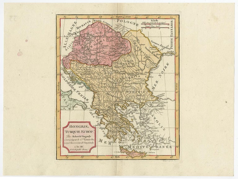 Antique map titled 'Hongrie, Turquie Europe'. 

Decorative map of Hungary, southeast European countries in the Balkan peninsula and Greece by Robert de Vaugondy, revised and published by Delamarche. Source unknown, to be determined. Artists and