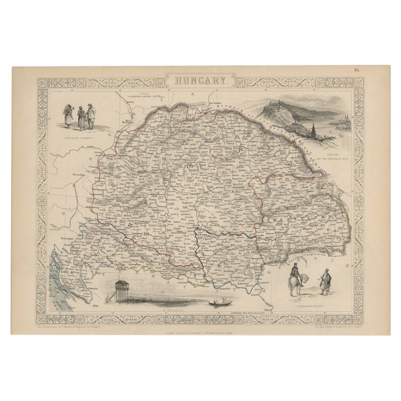 Old Engraved Map of Hungary with Decorative Vignettes, 1851 For Sale