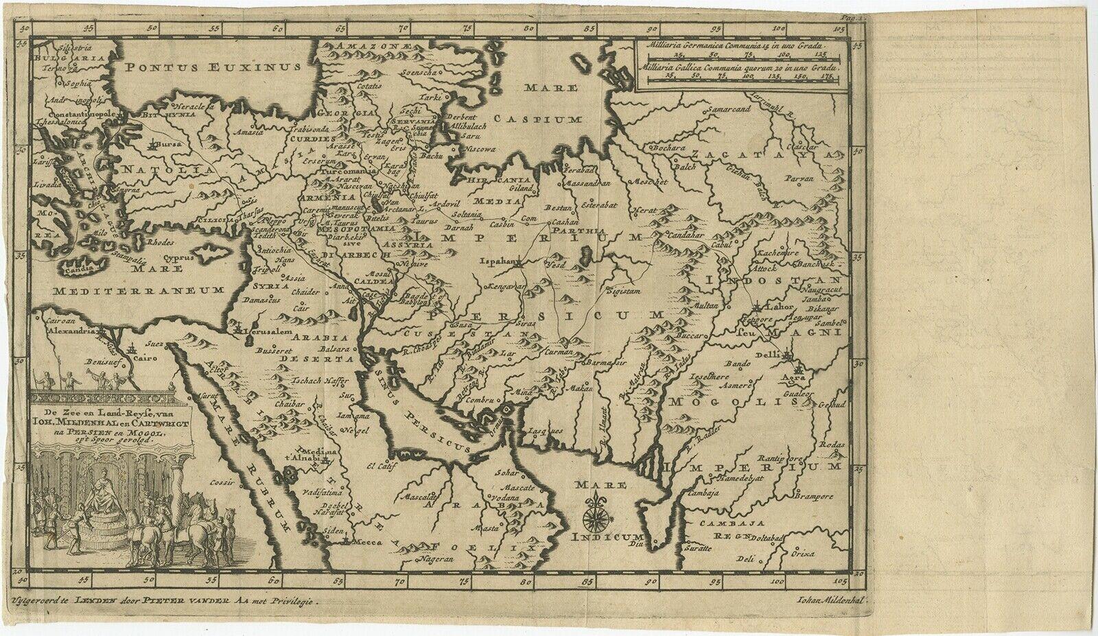 Title: Antique map titled 'De Zee en Land-Reyse, van Ioh. Mildenhal en Cartwrigt na Persien en Mogol, opt spoor gevolgd'. 

Old map of the Middle East, also depicting part of Greece (Cyprus). This map originates from 'Oost-Indise voyagien van Johan