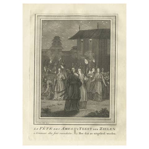 Old Engraving Depicting the Buddhist Festival of Souls 'Obon' in Japan, 1758
