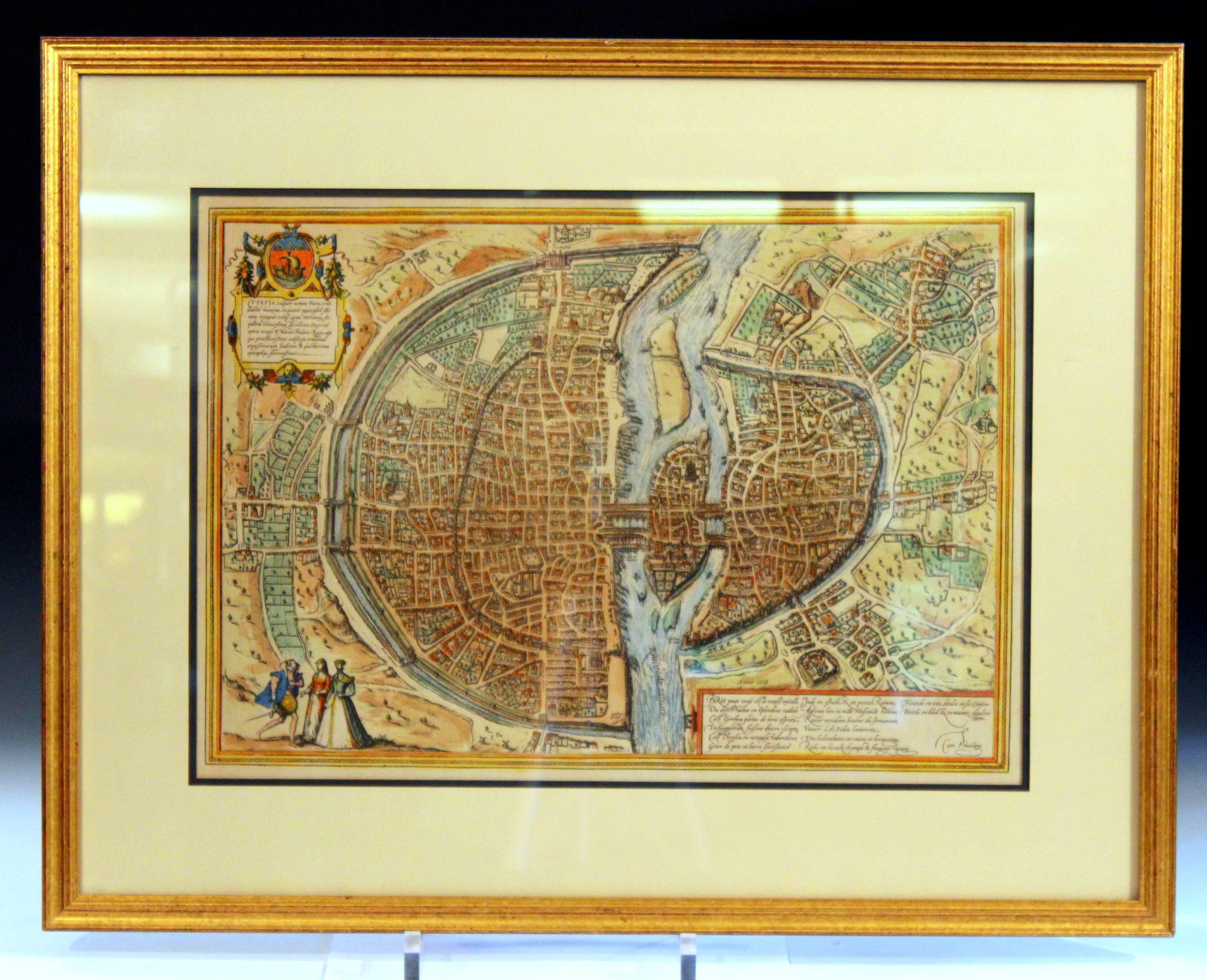 Old or antique colored engraving of Munster's 1572 map of Paris, circa 19th or 20th century (Frame was not opened to look for a publication date). Great graphics and really interesting antique map. Beautifully framed with contrasting double mat.