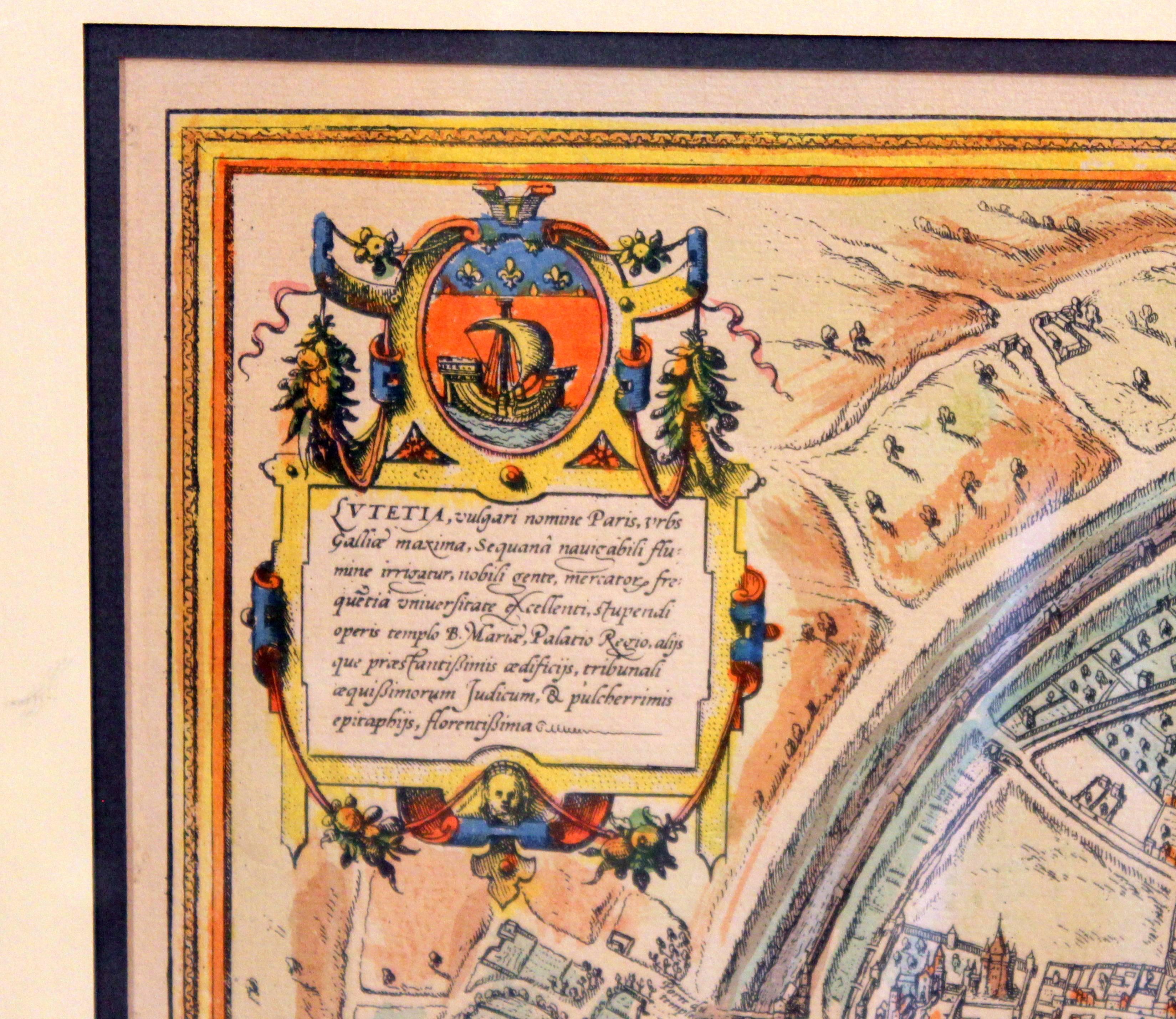 Français Carte de l'ancienne gravure de Paris encadrée Munster français de ville murale du 16ème siècle encadrée en vente