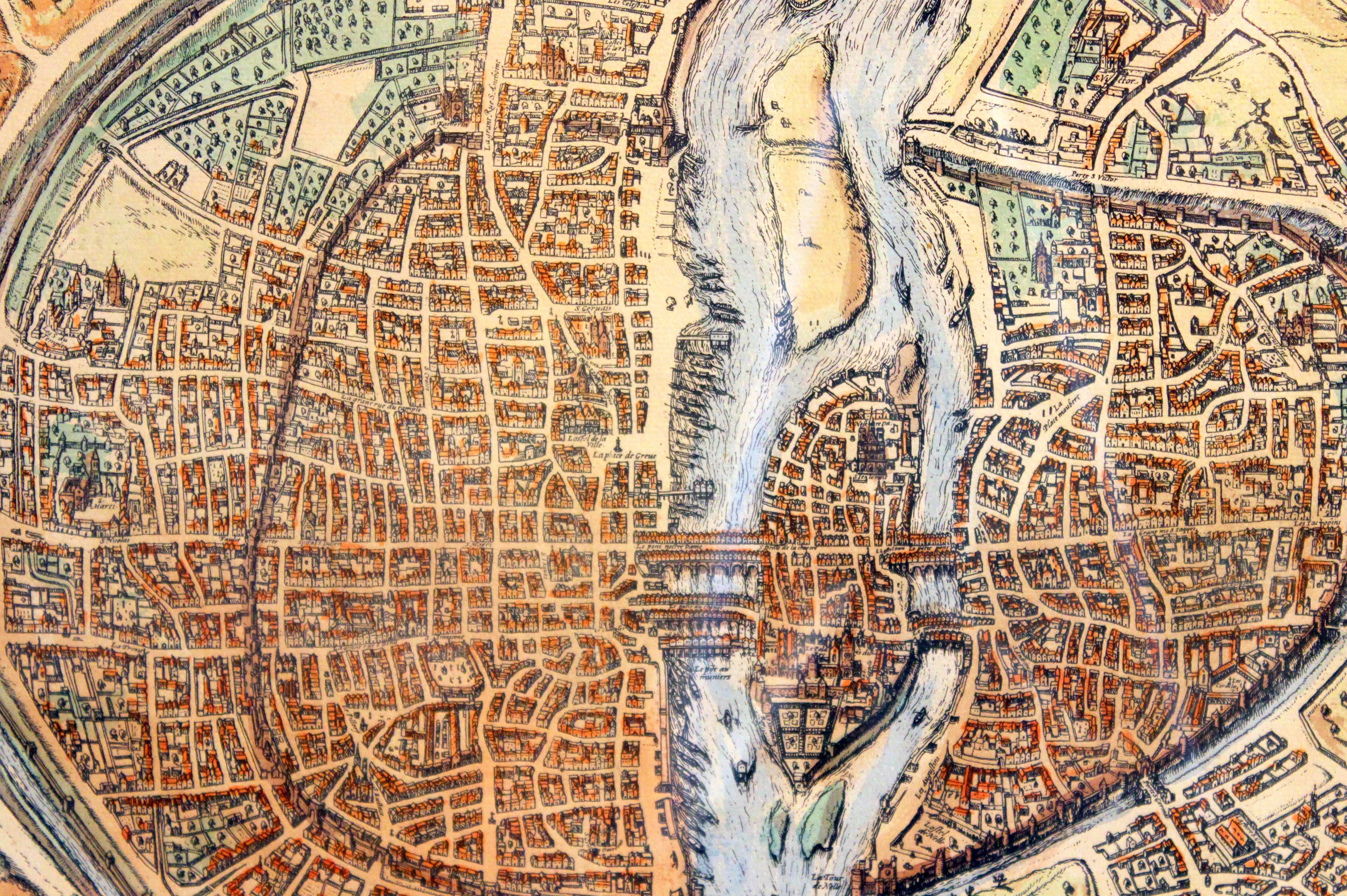 Pressé Carte de l'ancienne gravure de Paris encadrée Munster français de ville murale du 16ème siècle encadrée en vente