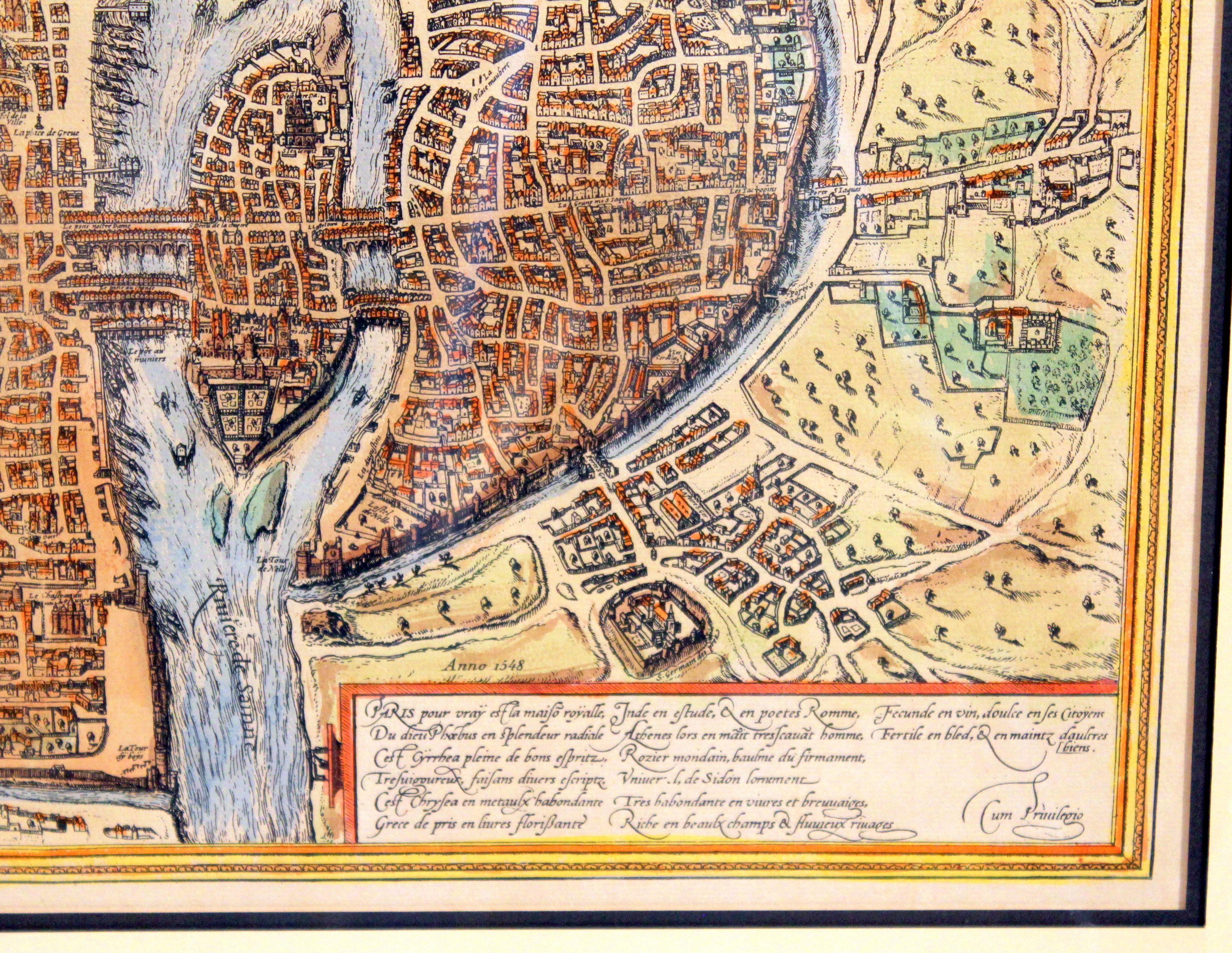 Renaissance Old Engraving Map of Paris French Munster 16th Century Walled City Framed For Sale