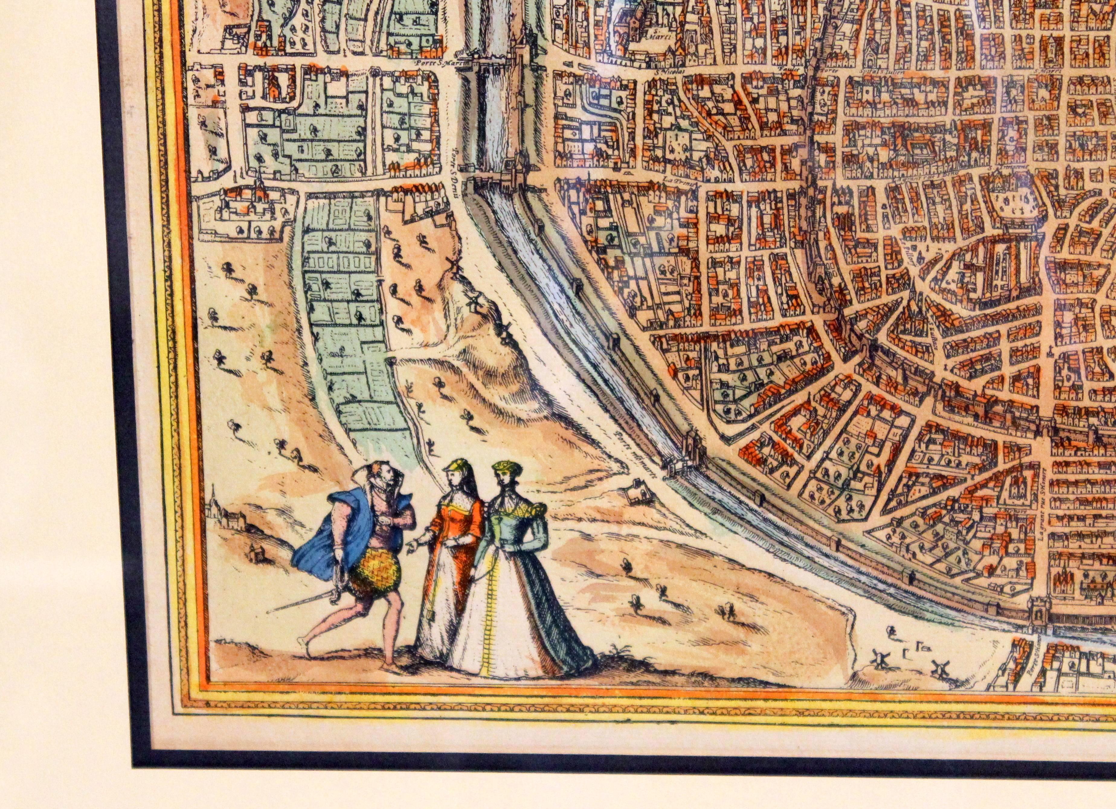 Pressed Old Engraving Map of Paris French Munster 16th Century Walled City Framed For Sale