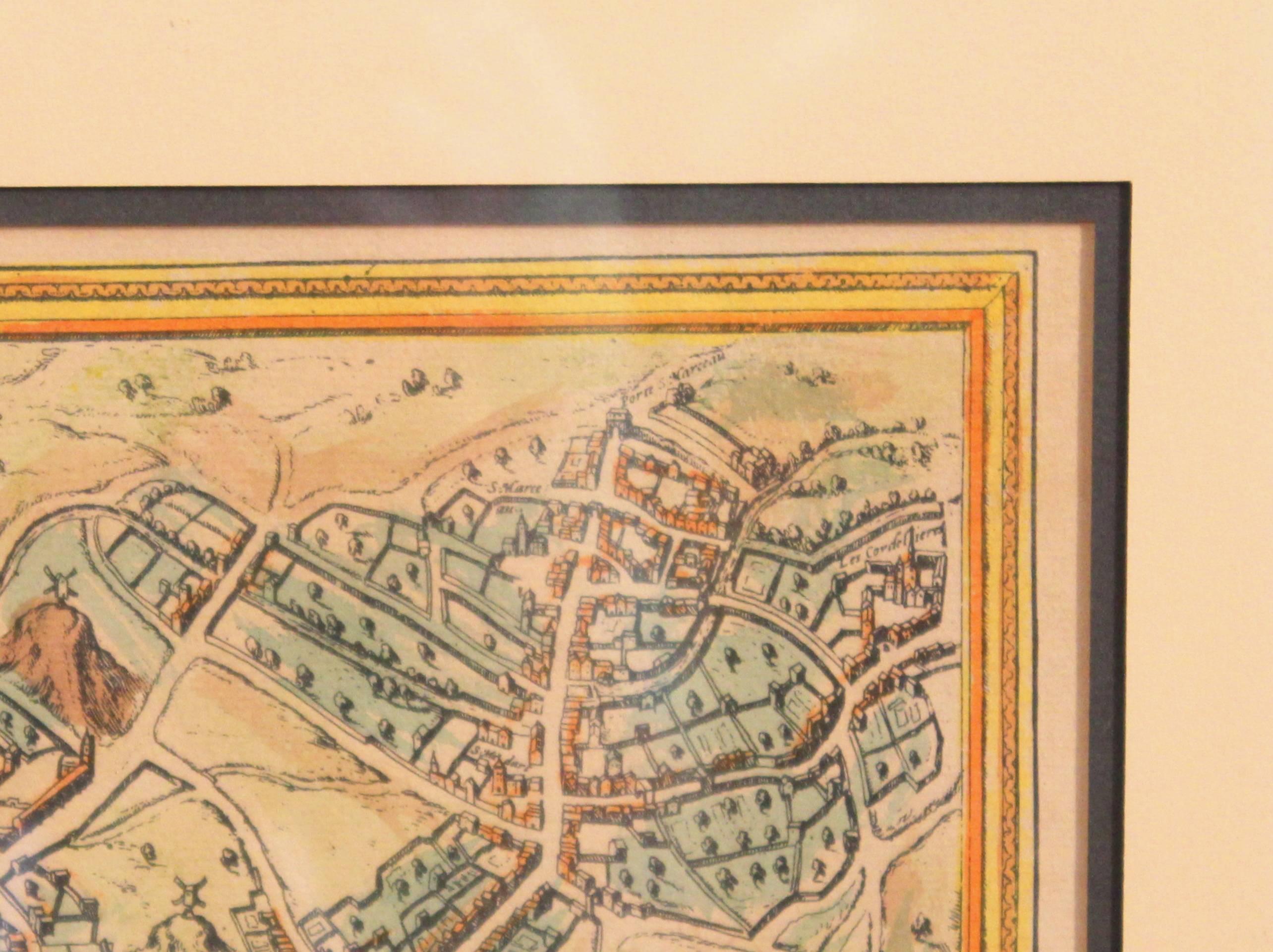 Old Engraving Map of Paris French Munster 16th Century Walled City Framed In Excellent Condition For Sale In Wilton, CT
