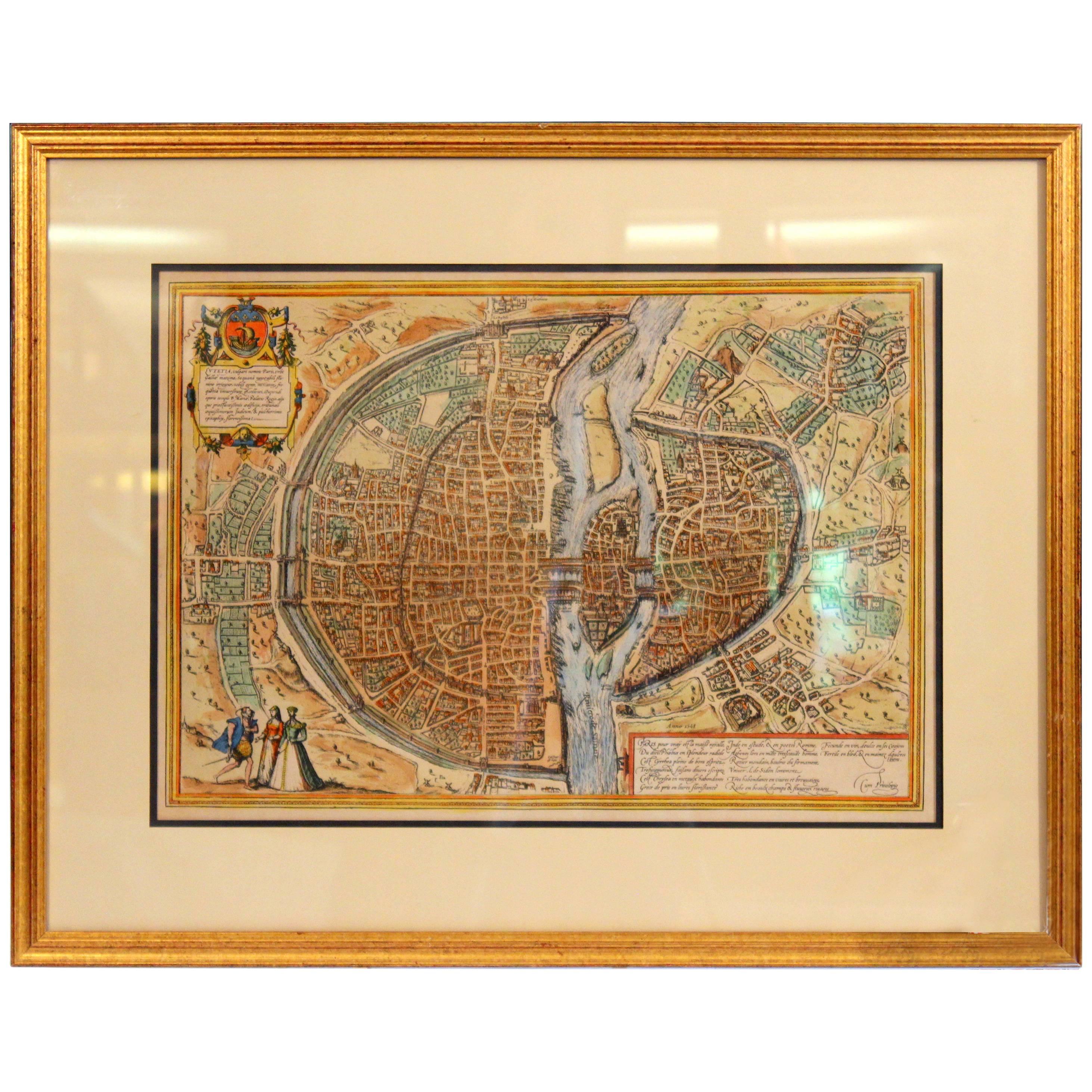 Carte de l'ancienne gravure de Paris encadrée Munster français de ville murale du 16ème siècle encadrée en vente