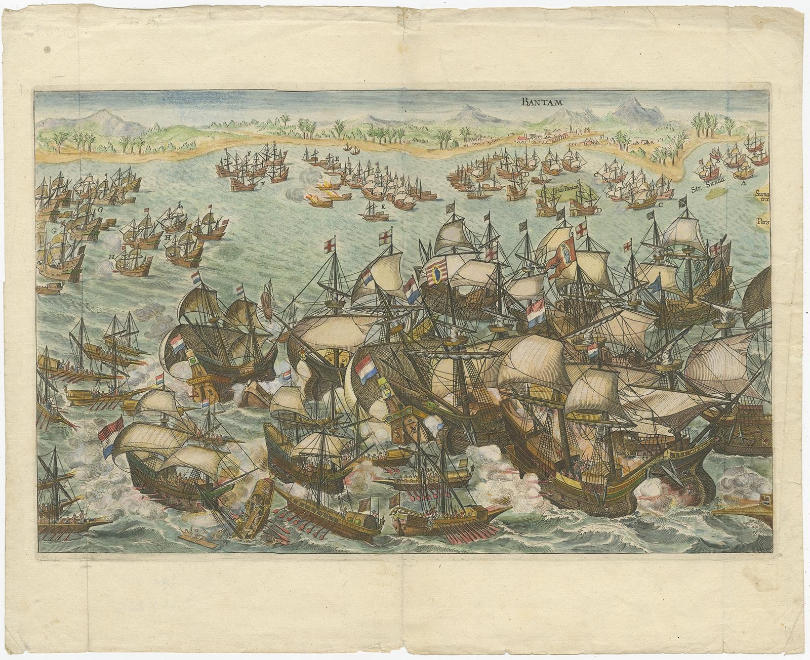 Description: Antique print titled 'Bantam'. Copper engraving of the Dutch attack on the Portuguese fleet off Bantam in 1601 depicted as the victory of Admiral Wolfert Harmensz and his 5 ships over 30 Portuguese ships. The ships in the battle include