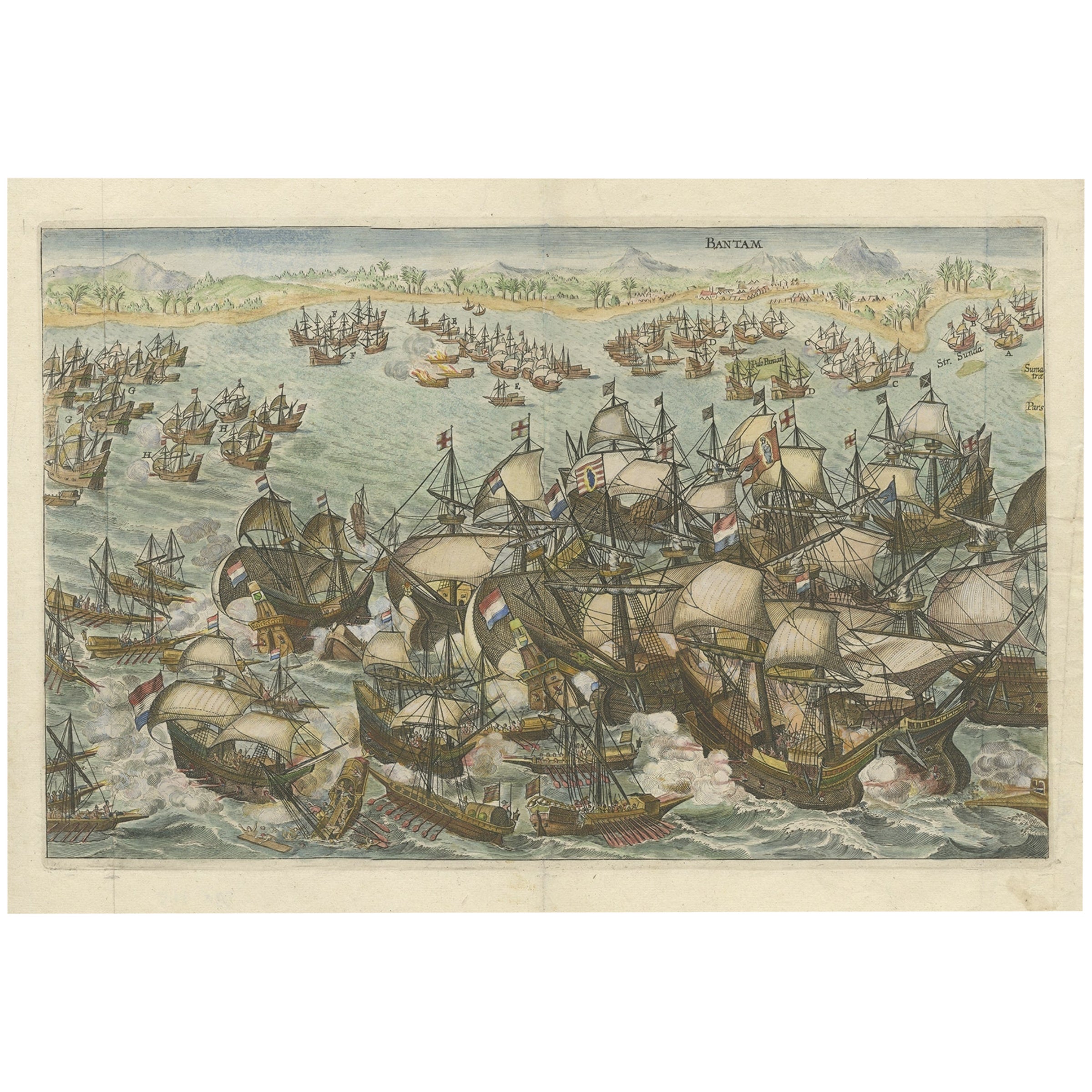 Old Engraving of a Dutch Attack on the Portuguese Near Bantam, Indonesia, c.1644