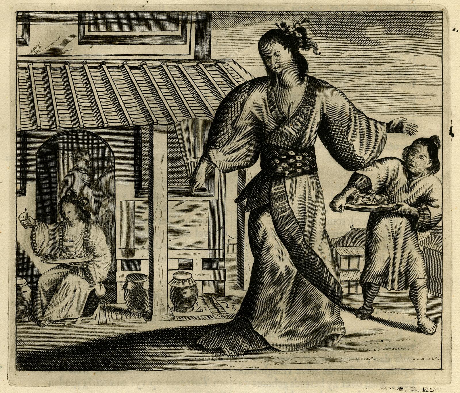 Antique print, titled: 'Beschryving van een Japansche hoer.' - ('Description of a Japanese prostitute'). 

Full-length portrait of a prostitute in kimono. Arnoldus Montanus' 