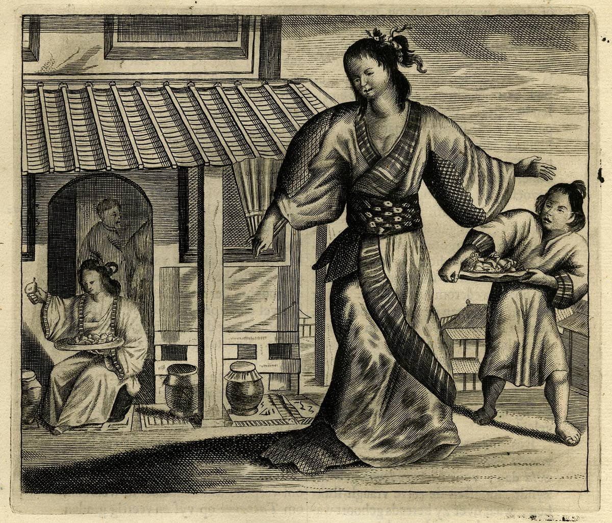 Old Engraving of a Full-length Portrait of a Prostitute in Kimono, Japan, 1669