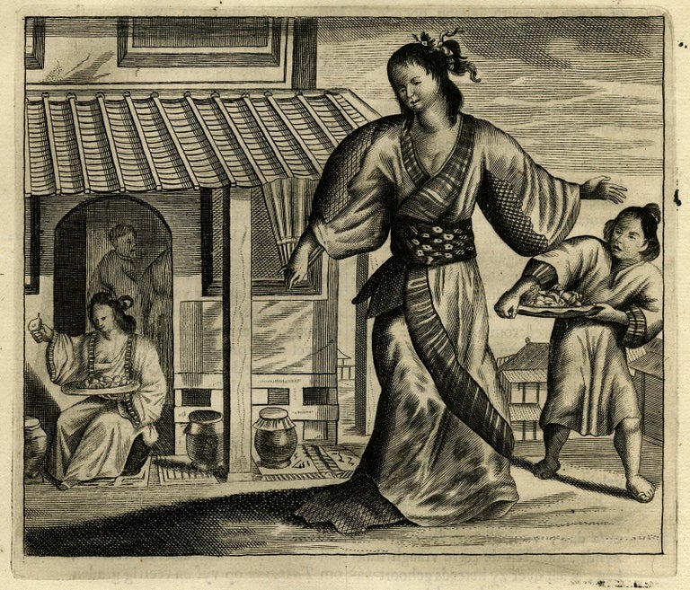 Old Engraving of a Full-length Portrait of a Prostitute in Kimono ( Portrait d'un prostitué en ...