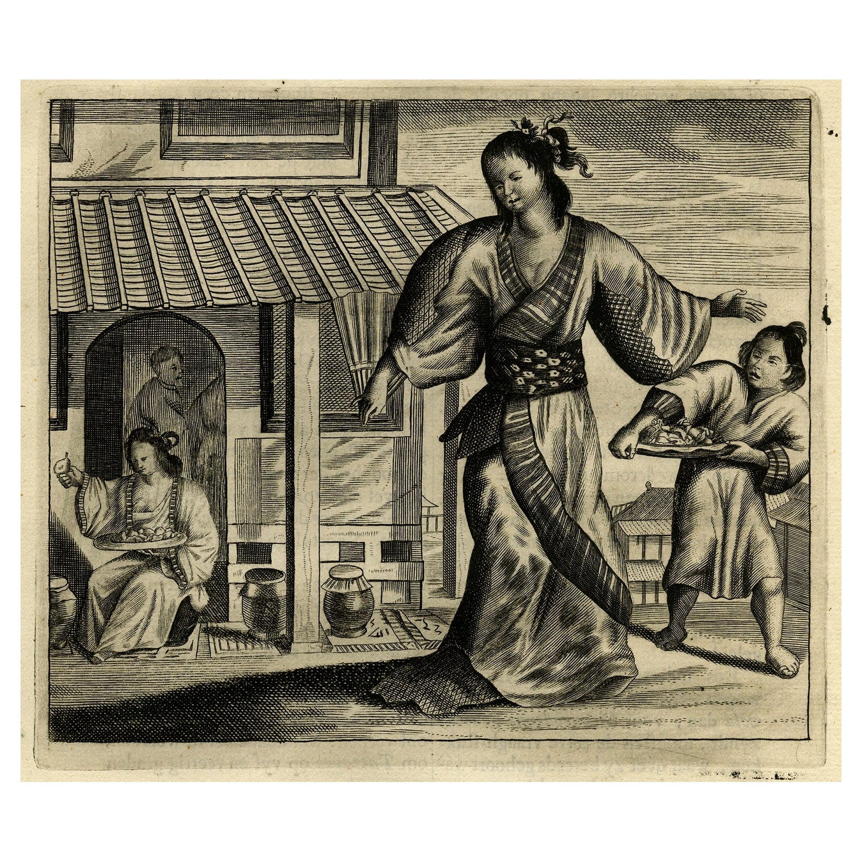 Ancienne gravure d'un portrait en pied d'une prostituée au kimono, Japon, 1669 en vente