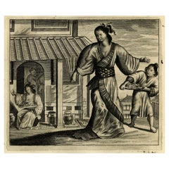 Ancienne gravure d'un portrait en pied d'une prostituée au kimono, Japon, 1669