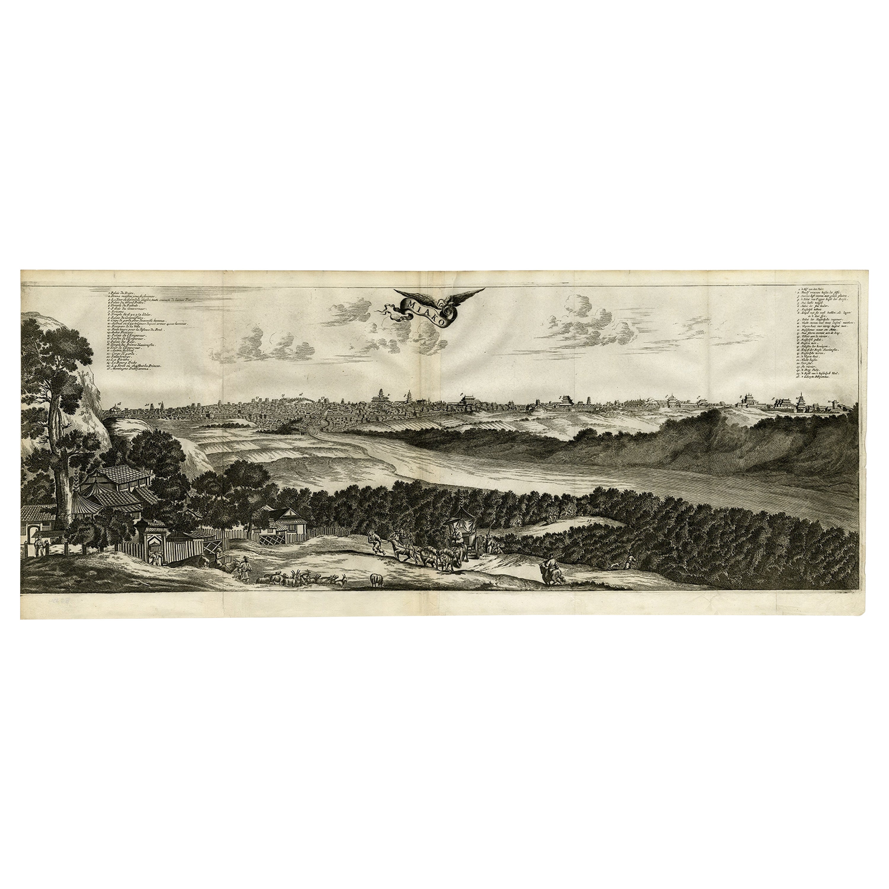 Ancienne gravure d'une vue d'œil d'oiseau en panormeau de Miaco « Kyoto », Japon, 1669