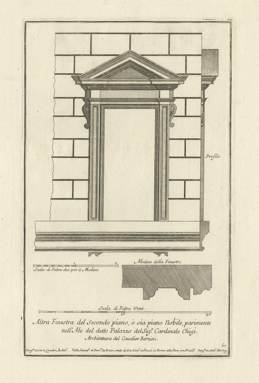 Antica incisione architettonica di una finestra di Palazzo Chigi, Roma, 1710 ca. In condizioni buone in vendita a Langweer, NL
