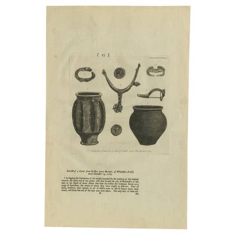 Old Engraving of Antiquities found in a Bed of Chalk, Winchester, England, 1789