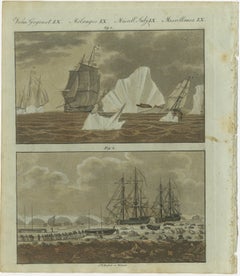 Old Engraving of Arctic Expeditions: Ships Amid Icebergs und Coastal Exploration