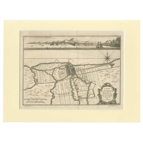 Old Engraving of Batavia 'Jakarta, Indonesia' with Map and Harbour View, 1750