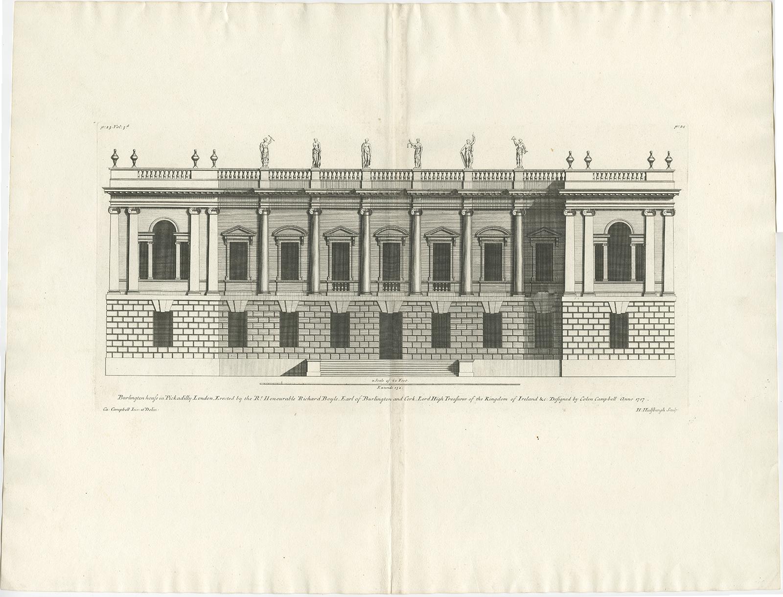 Antique print titled 'Burlington House in Pickadilly London (..)'. 

Old engraving of Burlington House, a building on Piccadilly in Mayfair, London. It was originally a private Palladian mansion owned by the Earls of Burlington and was expanded in