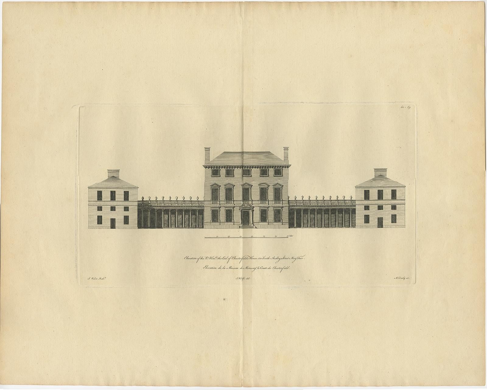 Title: Antique print titled 'Elevation of the R. Hoble Earl of Chesterfields House (..)'. 

Old engraving of Chesterfield House, Westminster. It was a grand London townhouse built between 1747-52 by Philip Stanhope, 4th Earl of Chesterfield
