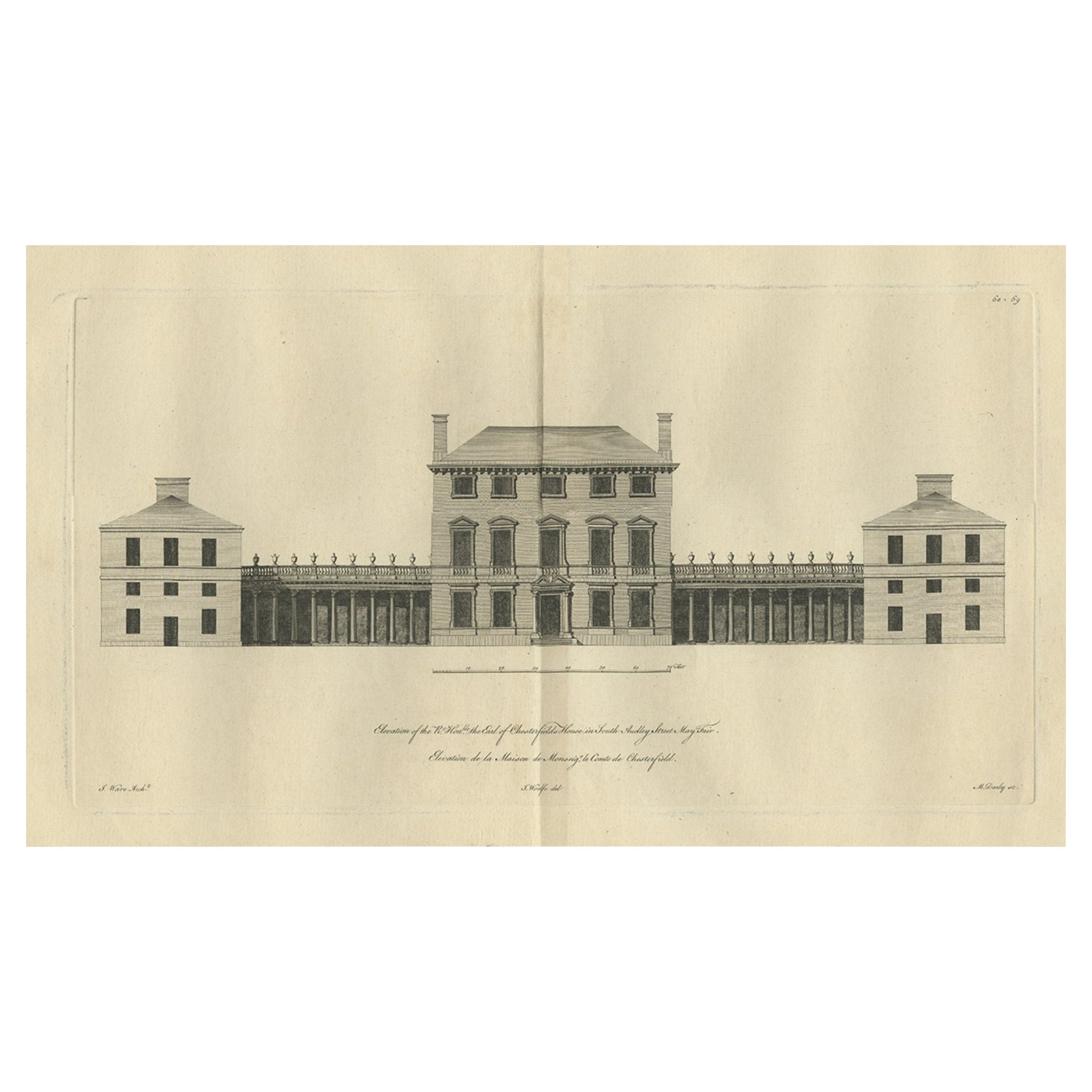 Ancienne gravure de Chesterfield House, Westminster à Londres, Royaume-Uni, vers 1770