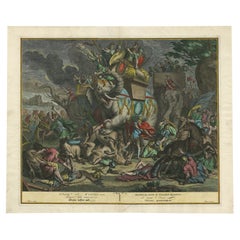 Incisione antica di Eleazer che uccide un elefante da guerra, titolo in sei lingue, 1728