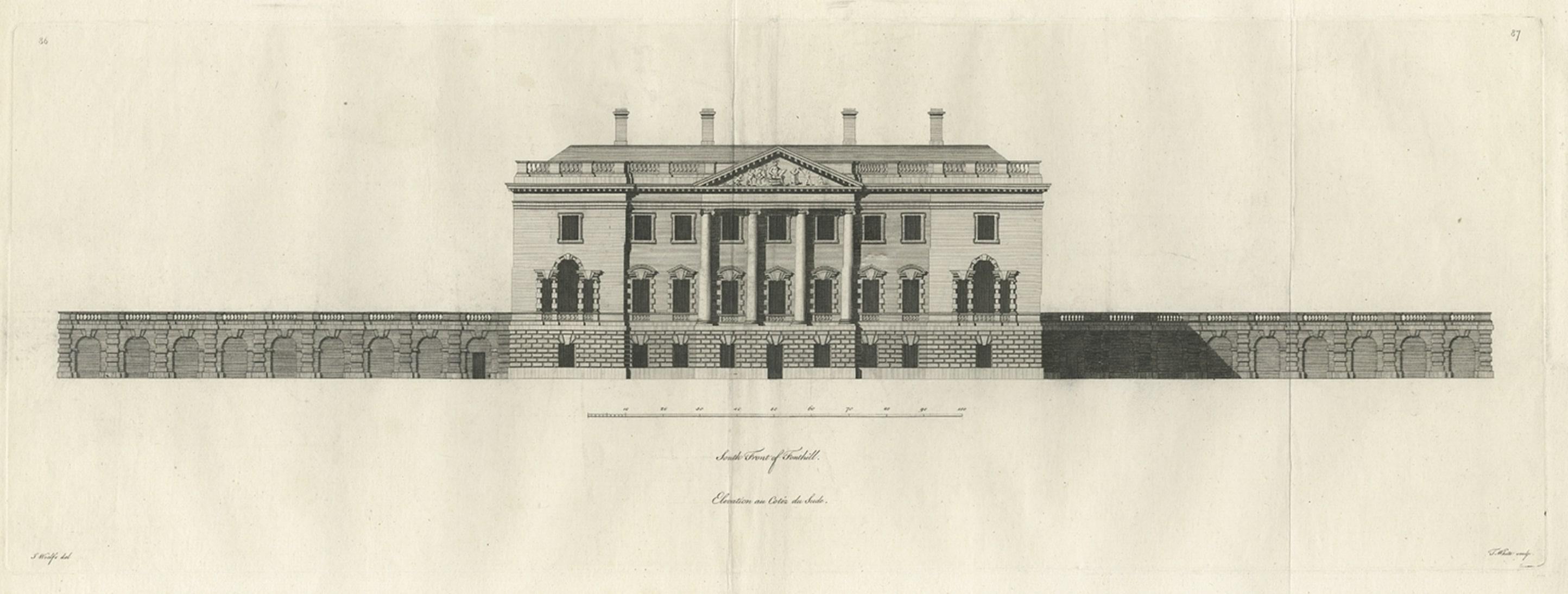 Antique print titled 'South Front of Fonthill (..)'. 

Old engraving of Fonthill house in Wiltshire. This print originates from 'Vitruvius Britannicus' by Colen Campbell. 

Fonthill Abbey—also known as Beckford's Folly—was a large Gothic Revival