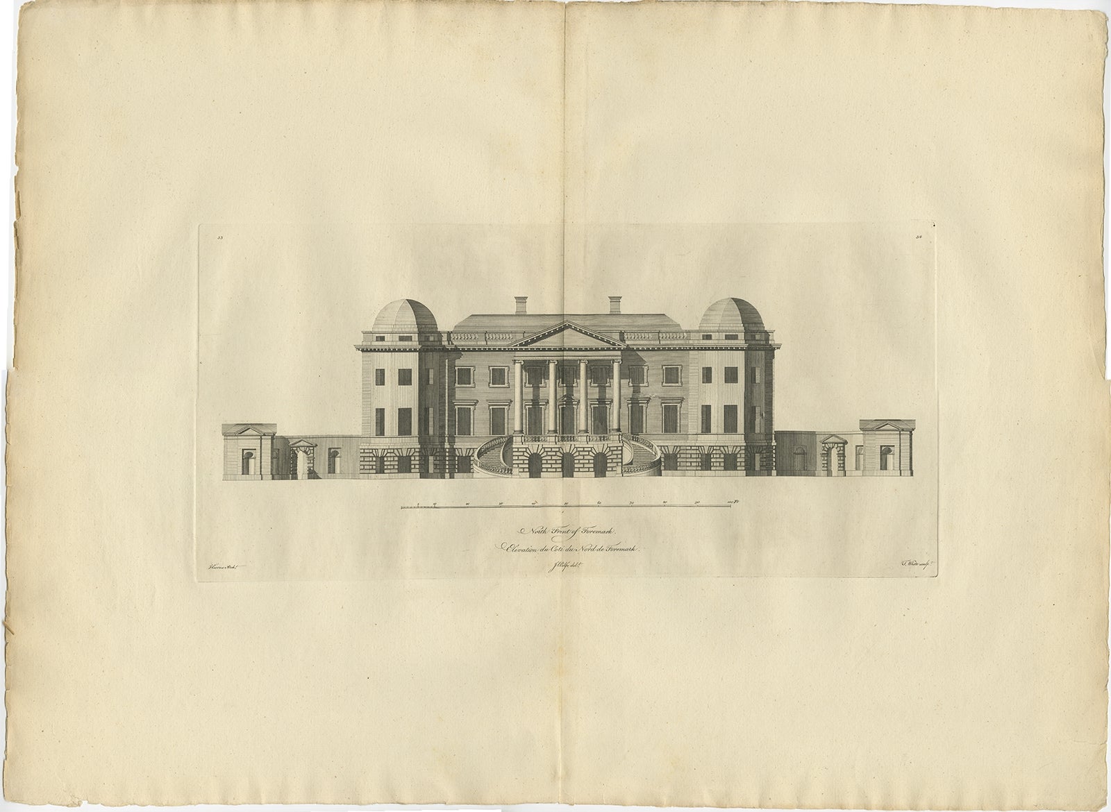 Description: Antique print titled 'North Front of Foremark (..)'. 

Old engraving of Foremarke Hall, a Georgian-Palladian country house and manor house. This print originates from 'Vitruvius Britannicus' by Colen Campbell. 

Foremarke Hall is a